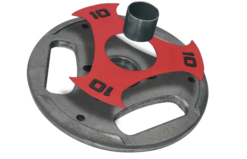 Halteres Rotha Fitness com design moderno e minimalista, empilhados sobre uma superfície escura.