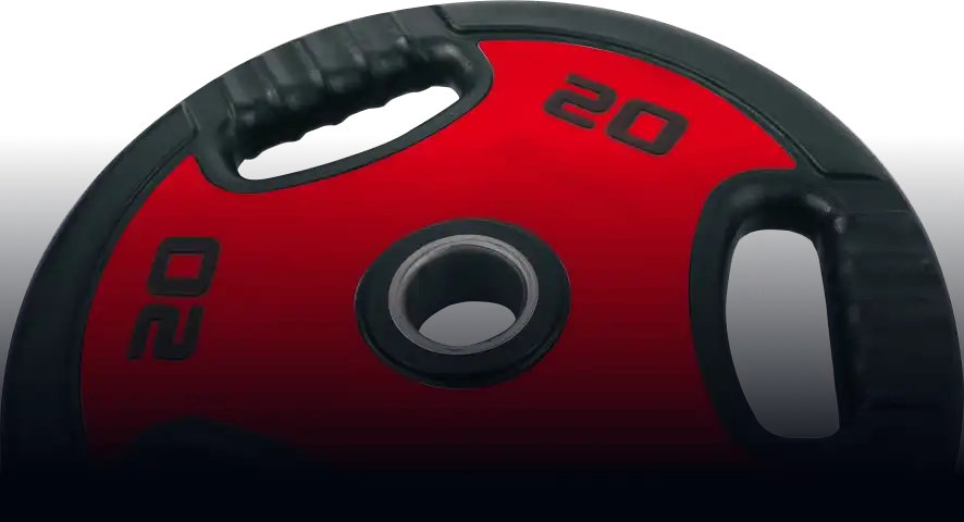 Anilha vermelha da Rotha Fitness com design moderno e minimalista, girando mostrando os detalhes.